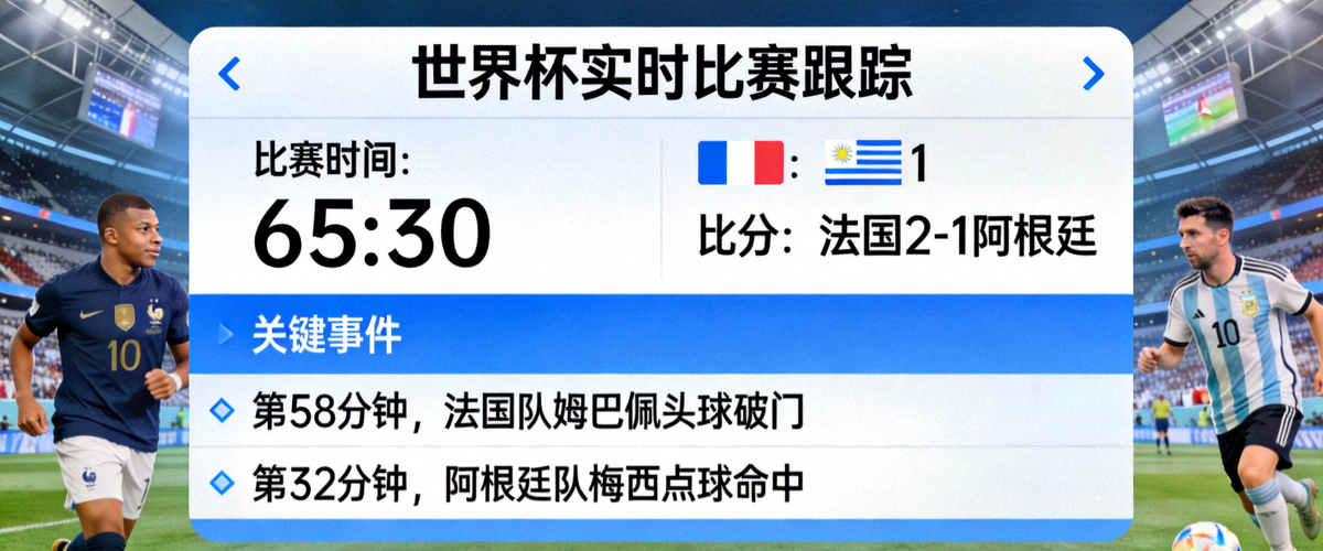 世界杯实时比赛跟踪界面示意图 - 显示比赛时间、比分和关键事件